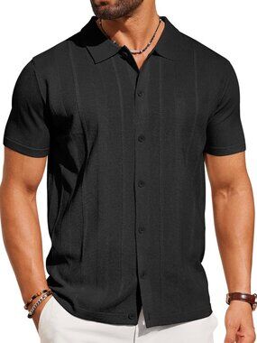 Men's Black Knit Short Sleeve Button Down Polo premium lightweight Shirt